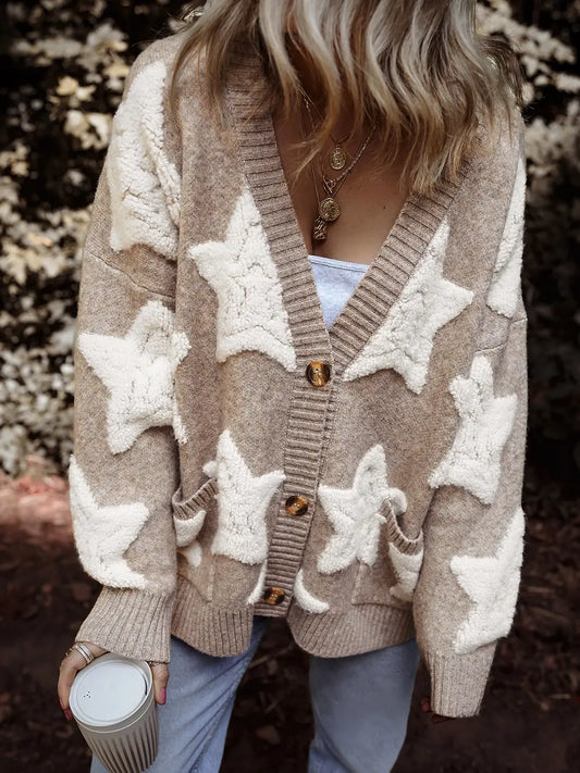 Star Pattern Textured Sweater Cardigan with Pockets