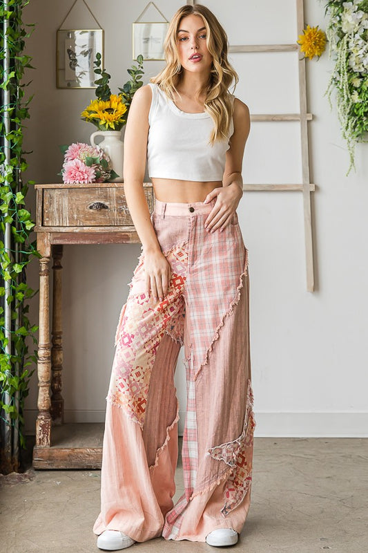 Star Patched Fabric Mixed Wide Pant - Pink Combo