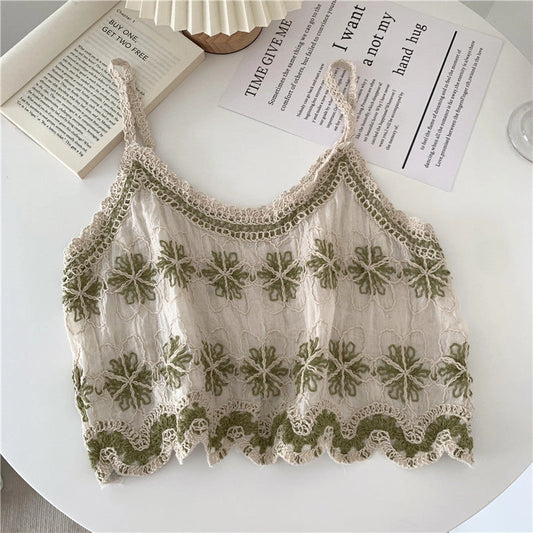 Embroidered Cotton Linen Summer Tank Top - Green Floral