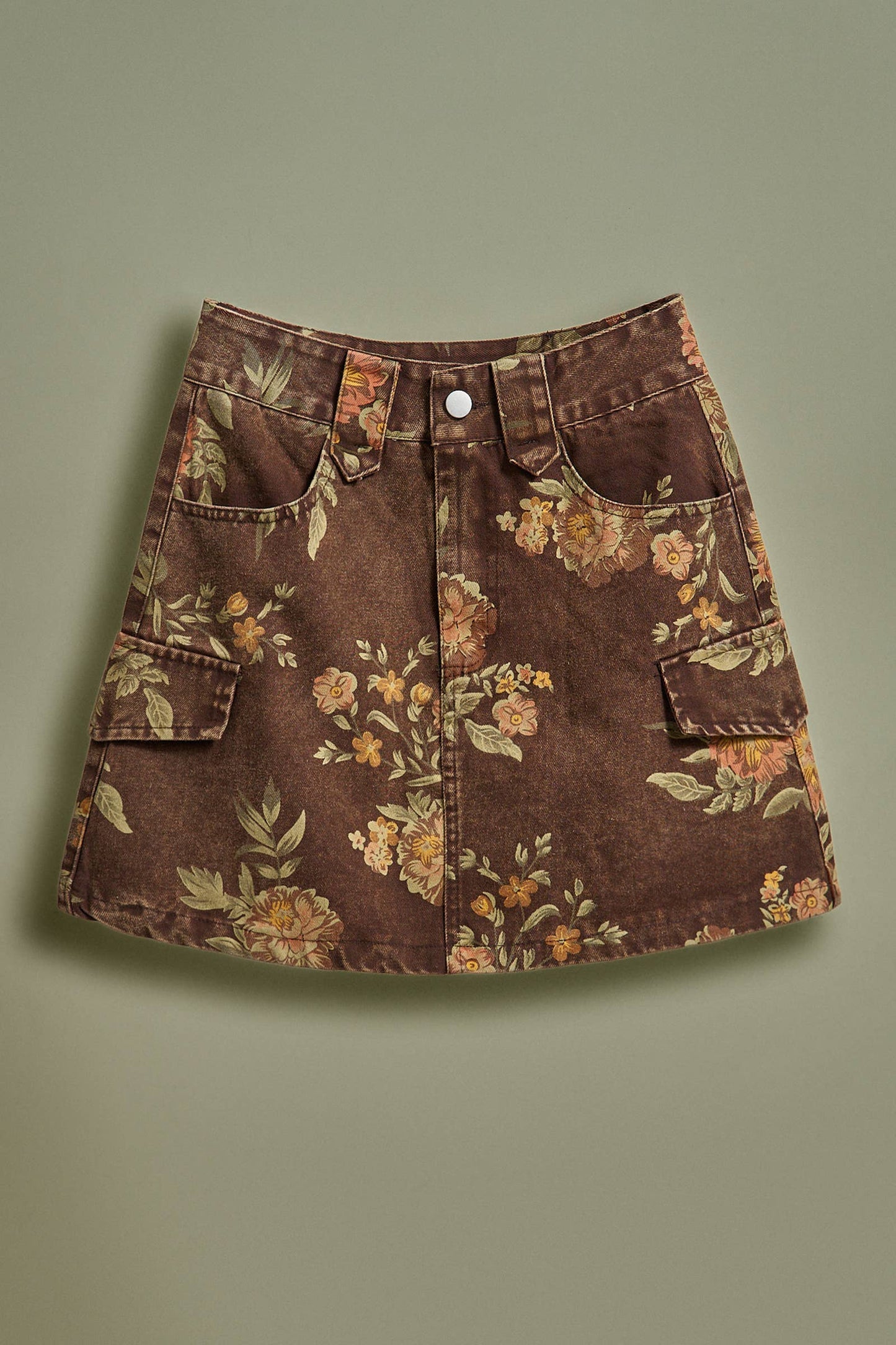 Vintage Floral Cotton Denim Cargo Mini Skirt