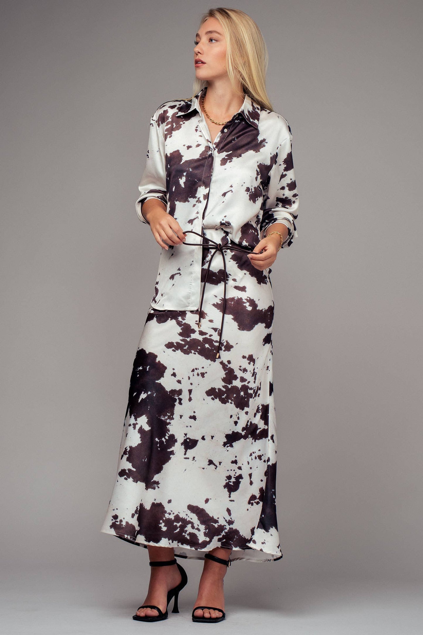 Cowhide Print Satin Drawstring Midi Skirt