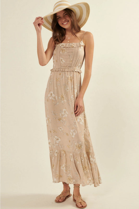 Floral Straight Neck Ruffle Pleated Maxi Dress