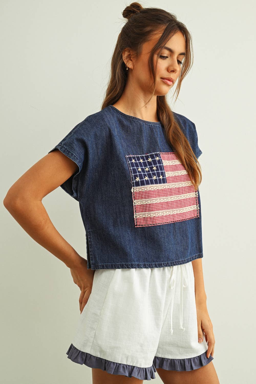 MIxed Fabric Flag Patched Dolman Sleeve Top