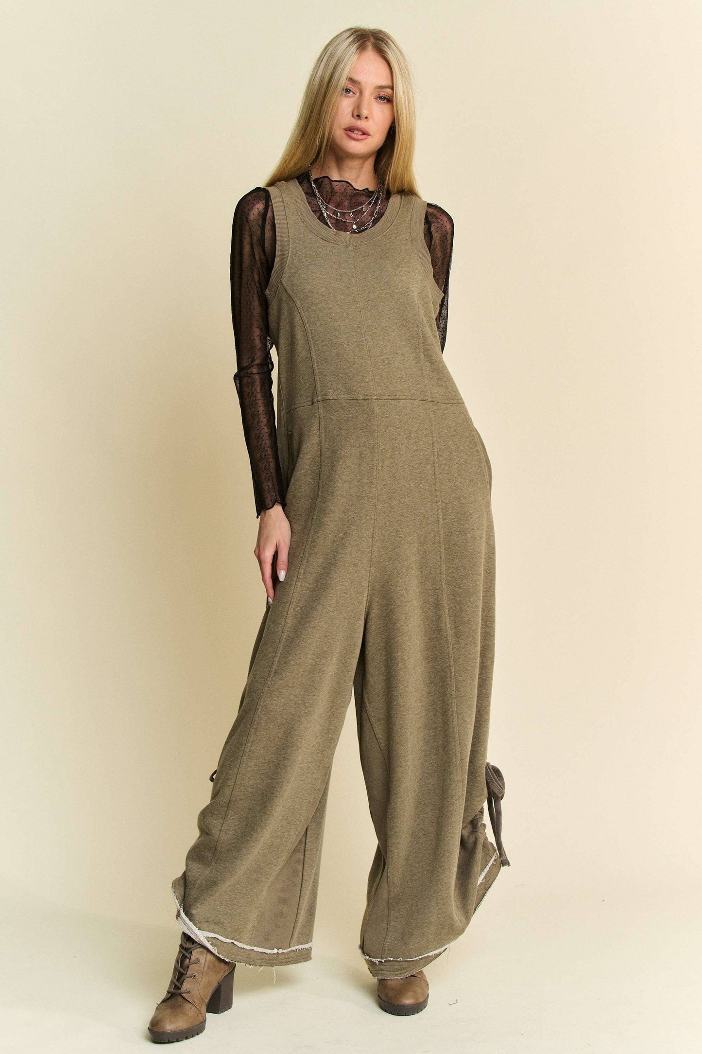 Ribbed Contrast Ruched Side Seam Jumpsuit