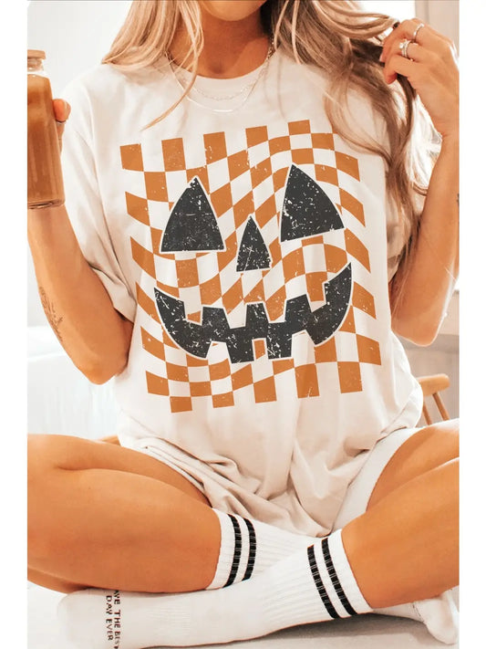 Checker Pumpkin Face Oversized Graphic Tee