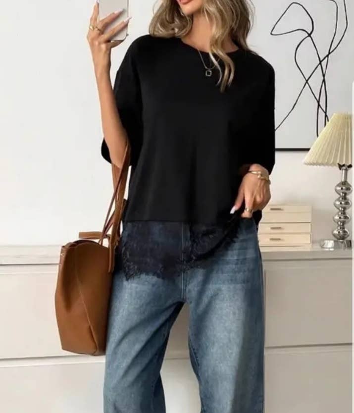 White Lace Trim Soft Lightweight Relaxed Fit Top