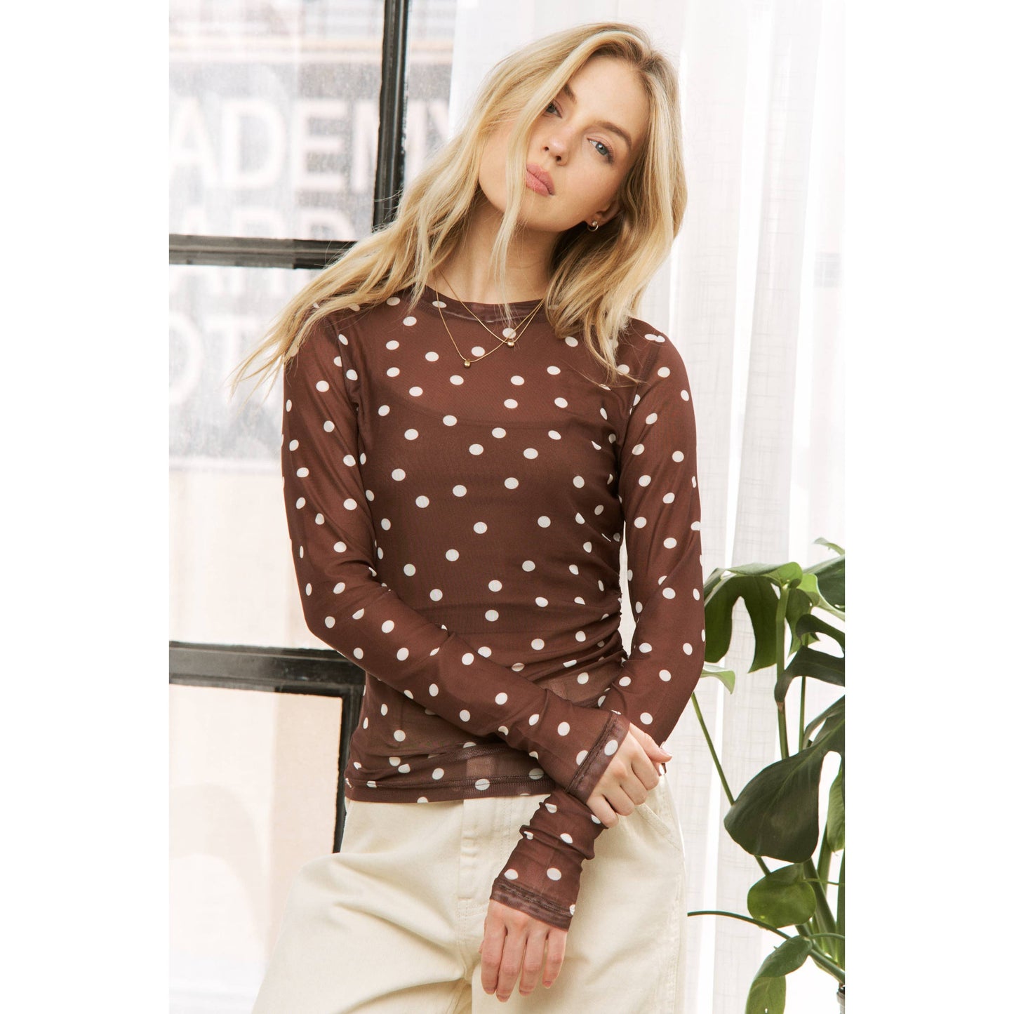 POLKA DOT MESH PRINT SLIM FIT LONG SLEEVES TOP