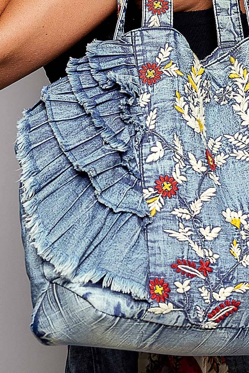 Vintage Wash Embroidered Ruffle Denim Tote Bag