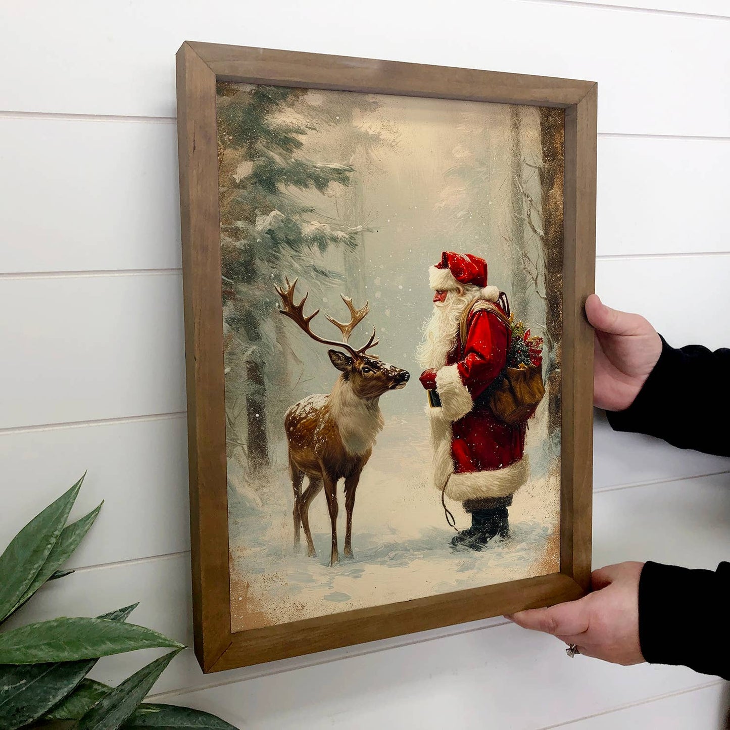 Santa Claus and Reindeer - Christmas Framed Canvas Art