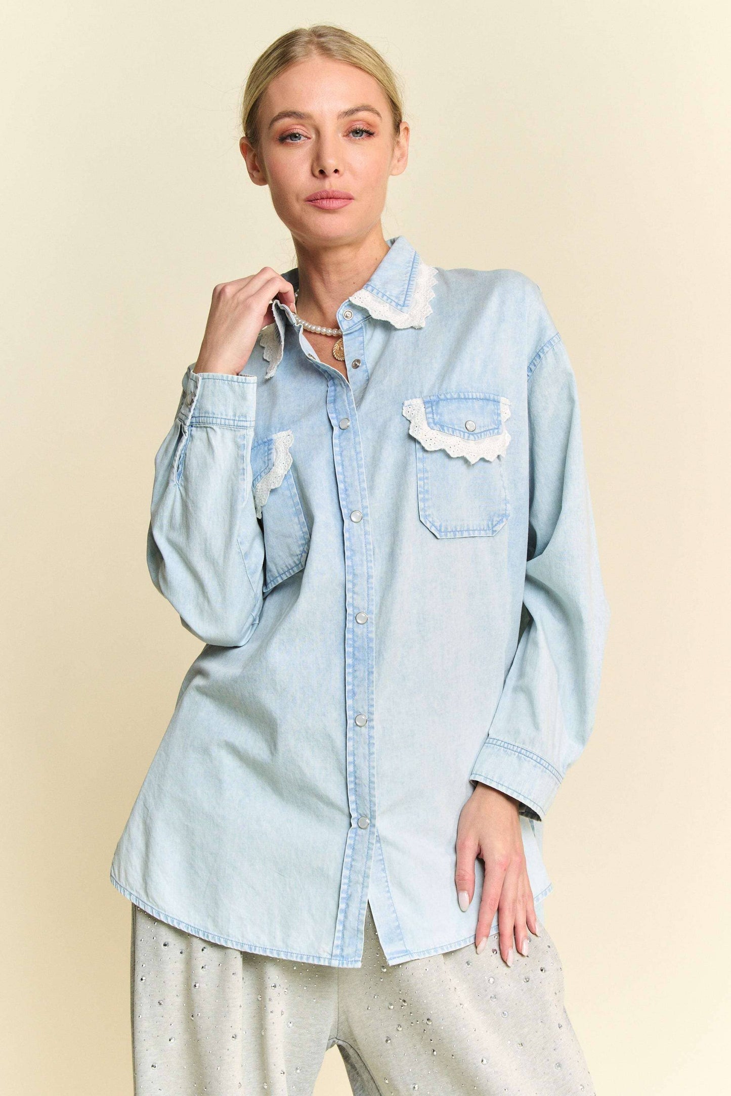 Lightweight Washed Lace Edge Waffle Knit Top - Light Denim