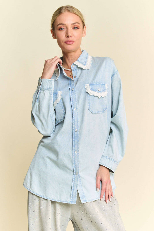 Lightweight Washed Lace Edge Waffle Knit Top - Light Denim