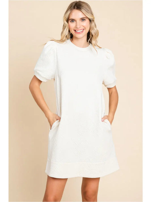 Textured Round Neck Dress with Pockets - Ivory