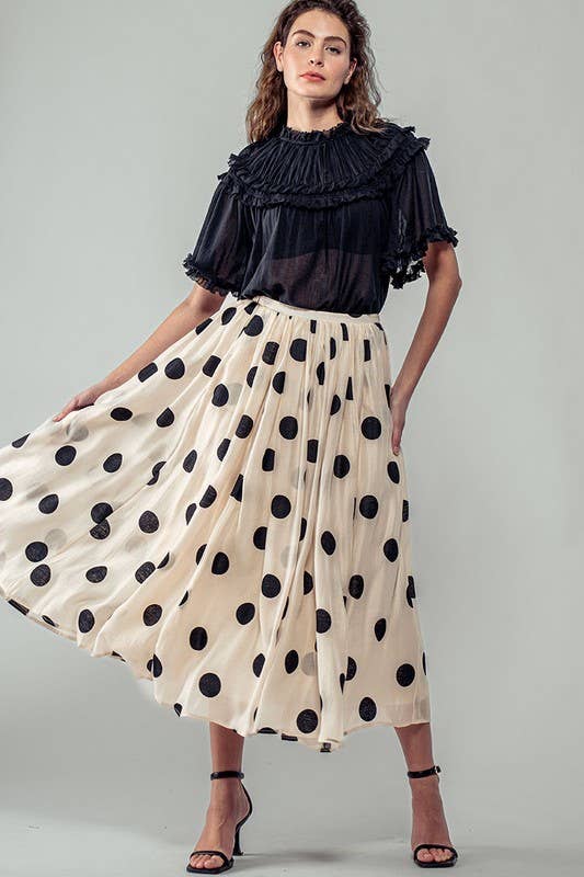 Polka Dot Elastic Waist Midi Skirt