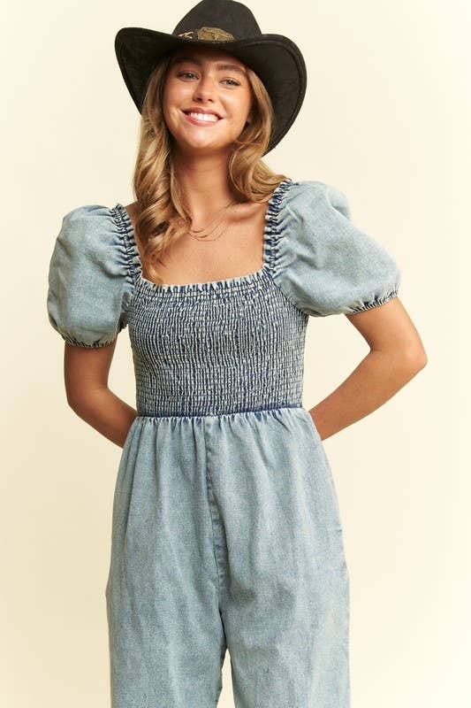 DENIM SMOCKED JUMPSUIT