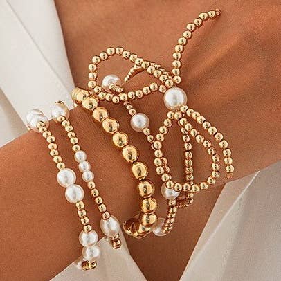 Multi Layer Ball Chain Bead Pearl Bow Bracelet Stack