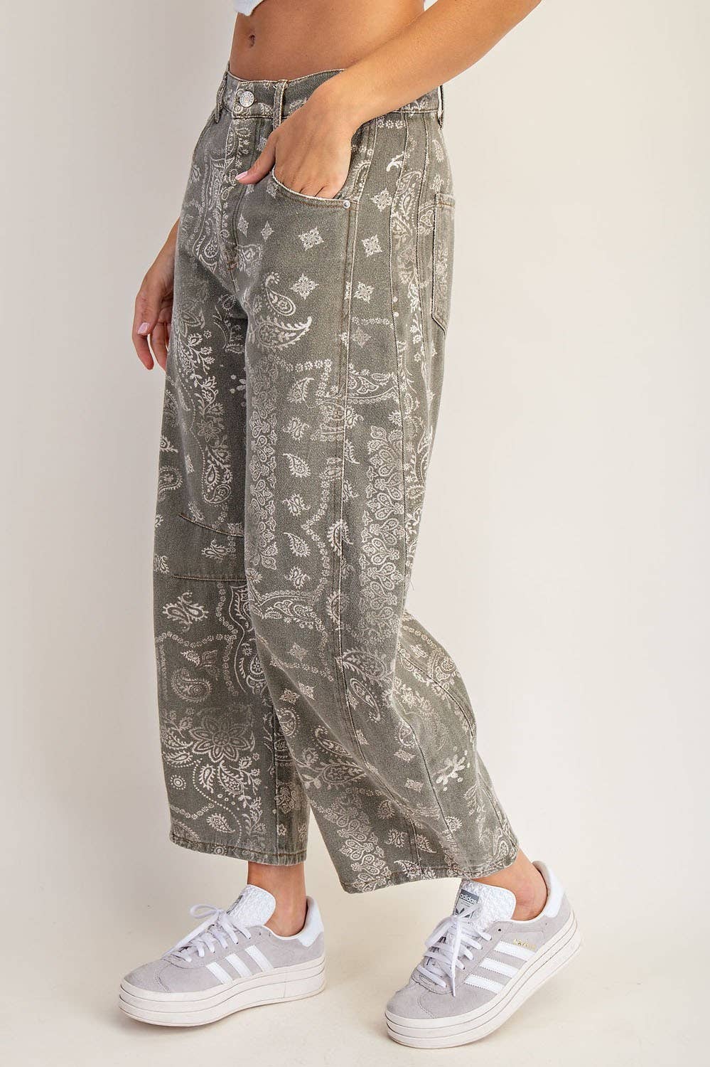 Mineral Washed Paisley Printed Barrel Jeans - Vintage Army