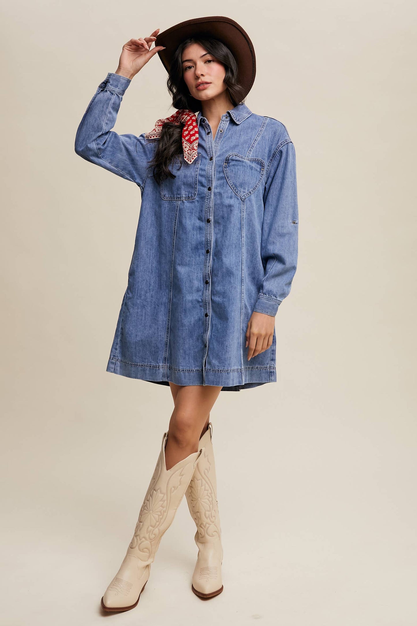 Denim Heart-Pocket Shirt Dress