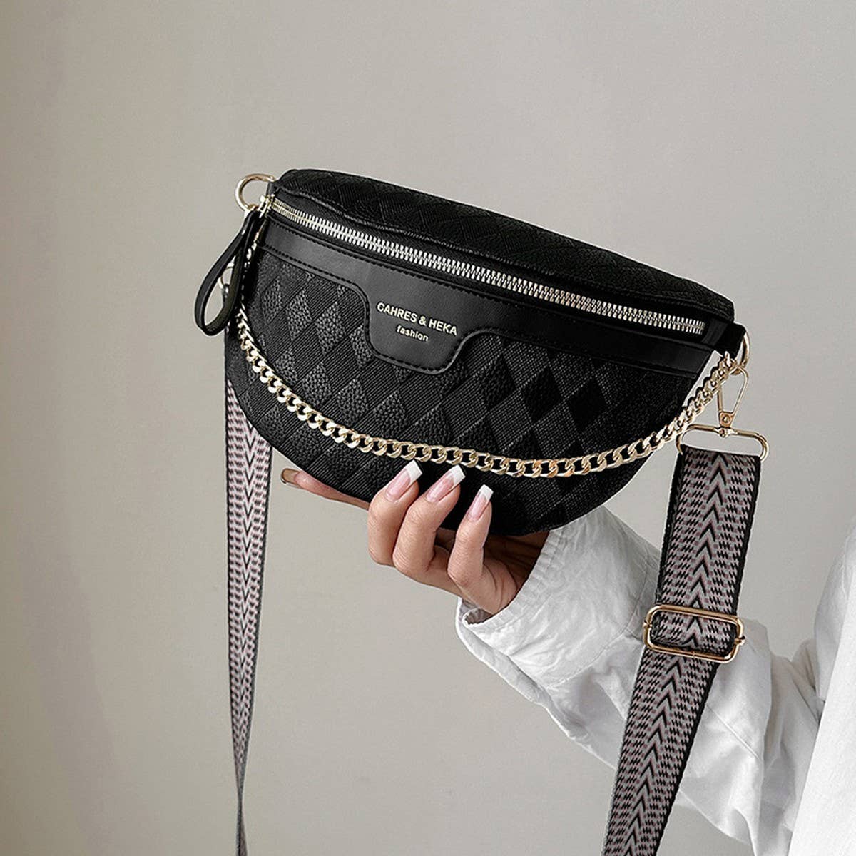 Checkered Chain Strap PU Crossbody Chest Bag