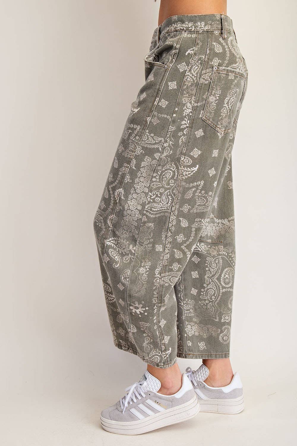 Mineral Washed Paisley Printed Barrel Jeans - Vintage Army