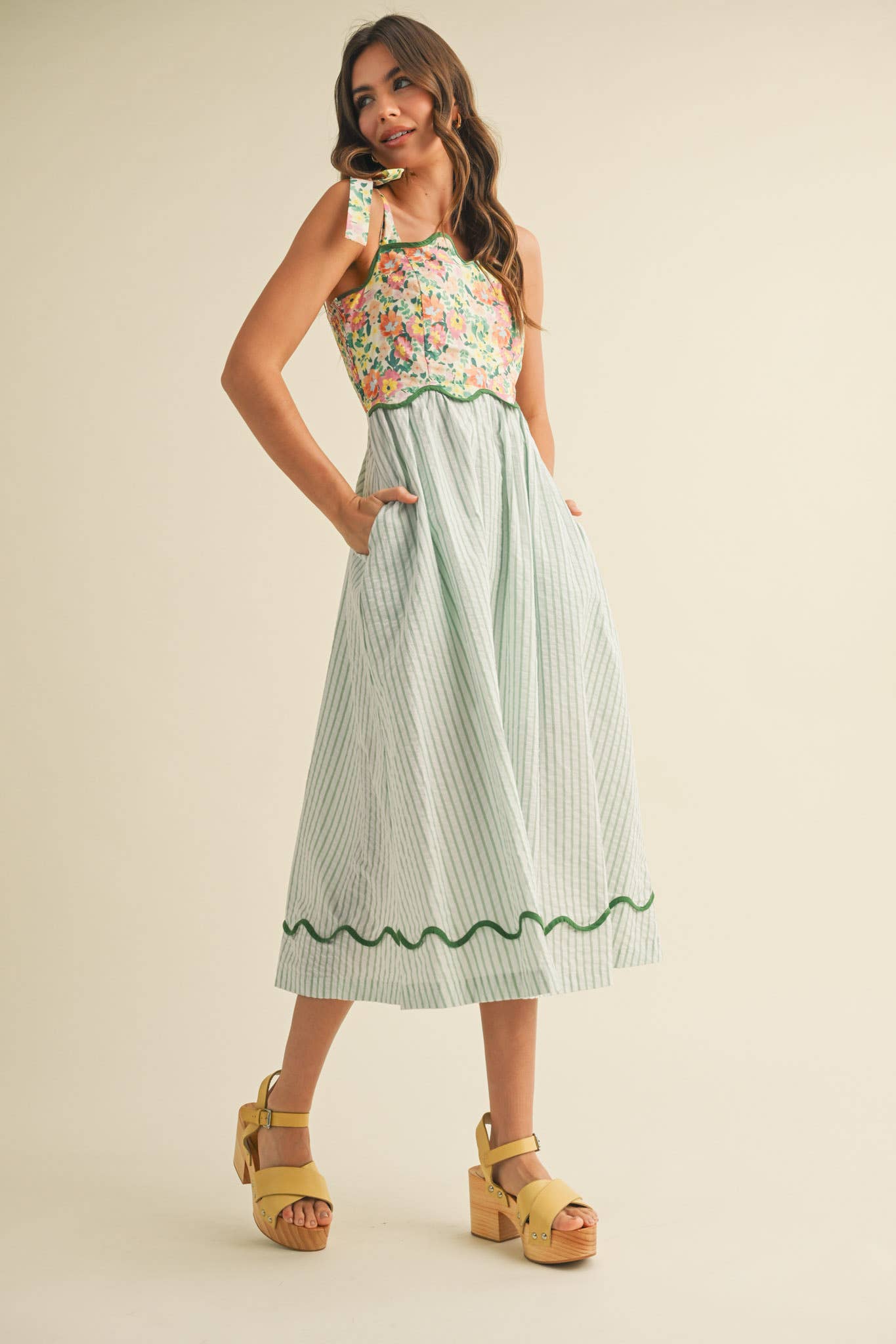 Scalloped Mixed Print Midi Dress