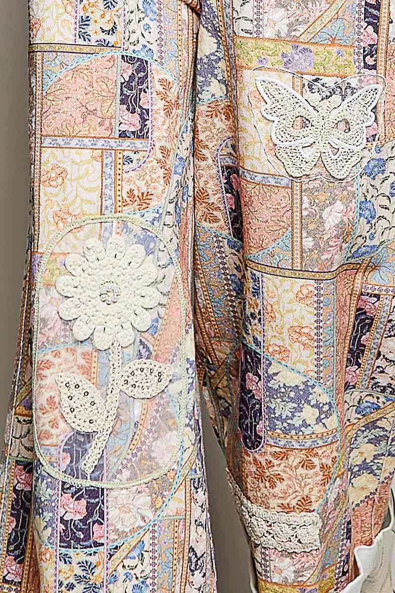Floral Crochet Pearl Patch Roomy Fit Twill Overalls