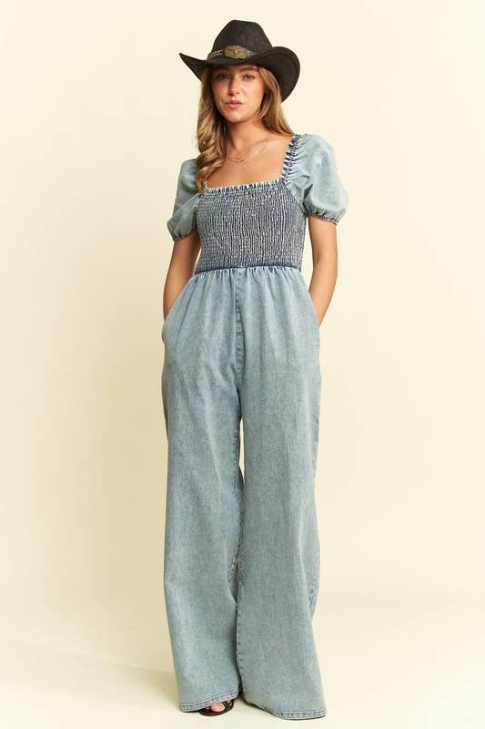DENIM SMOCKED JUMPSUIT