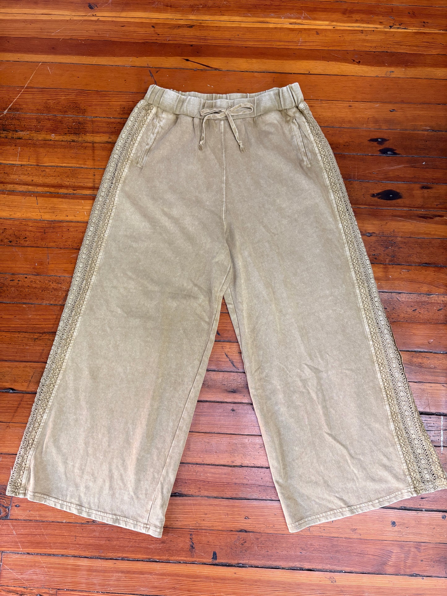 Crochet Lace Trim Mineral Washed Terry Knit Pants