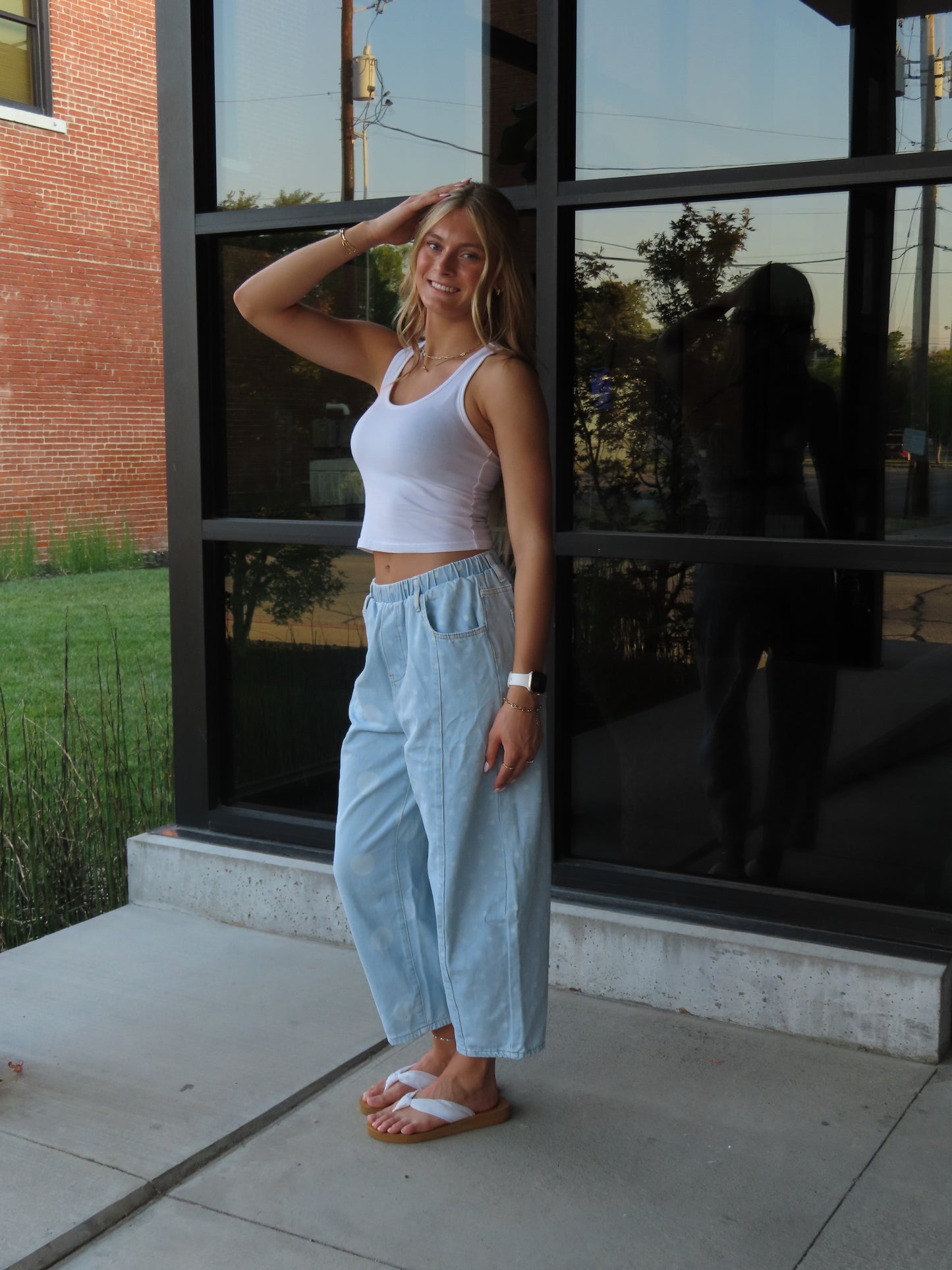 Denim Polka Dot Cropped Elastic Waist Jeans