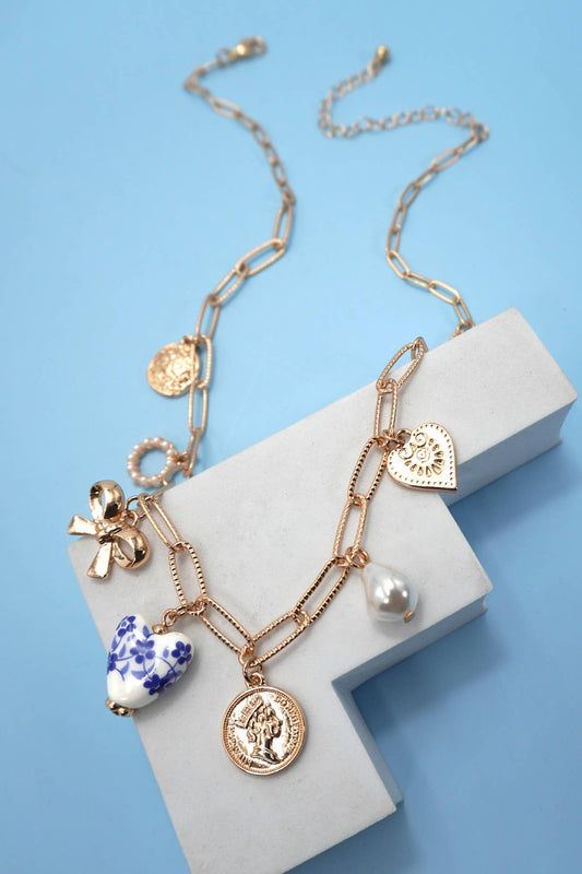 Ceramic Porcelain Bow Heart Charm Link Necklace