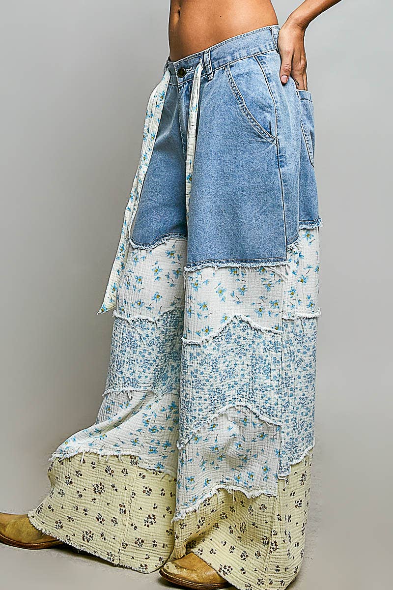 Varied Asymmetrical Patchwork Buckle Back Pants