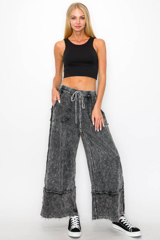 Mineral Wash Wide Pants with Raw Hem & Frayed Details - Ash Black