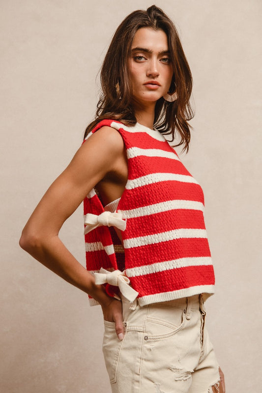 Textured Stripe Side Tie Vest Top - Red