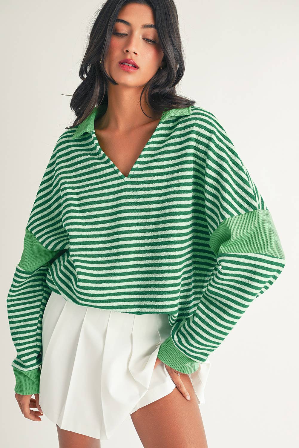 Stripe Turn-Down V Neck Patchwork Loose Top