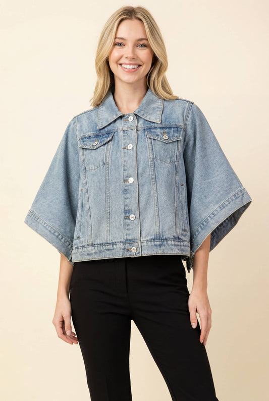 Oversized Cape Sleeve Button-Down Denim Jacket