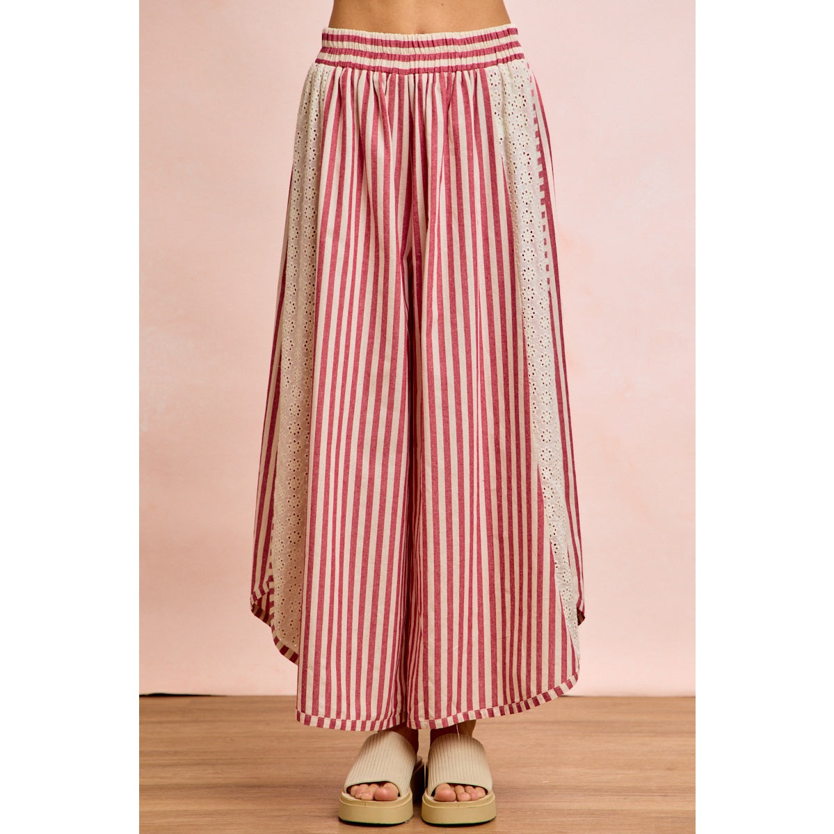 Floral Eyelet Side Elastic Stripes Wide Leg Pants