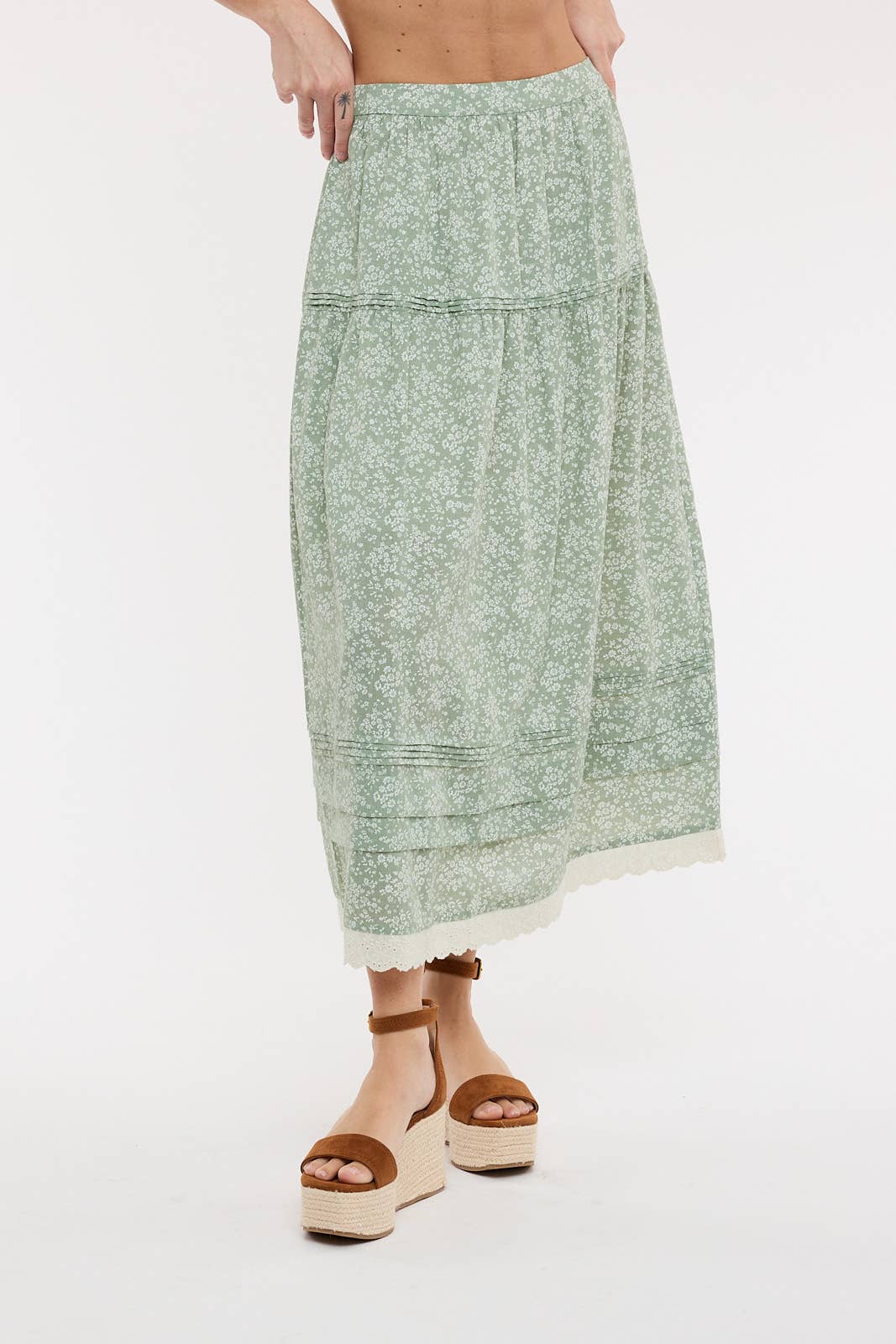Floral Trim Hem Midi Skirt