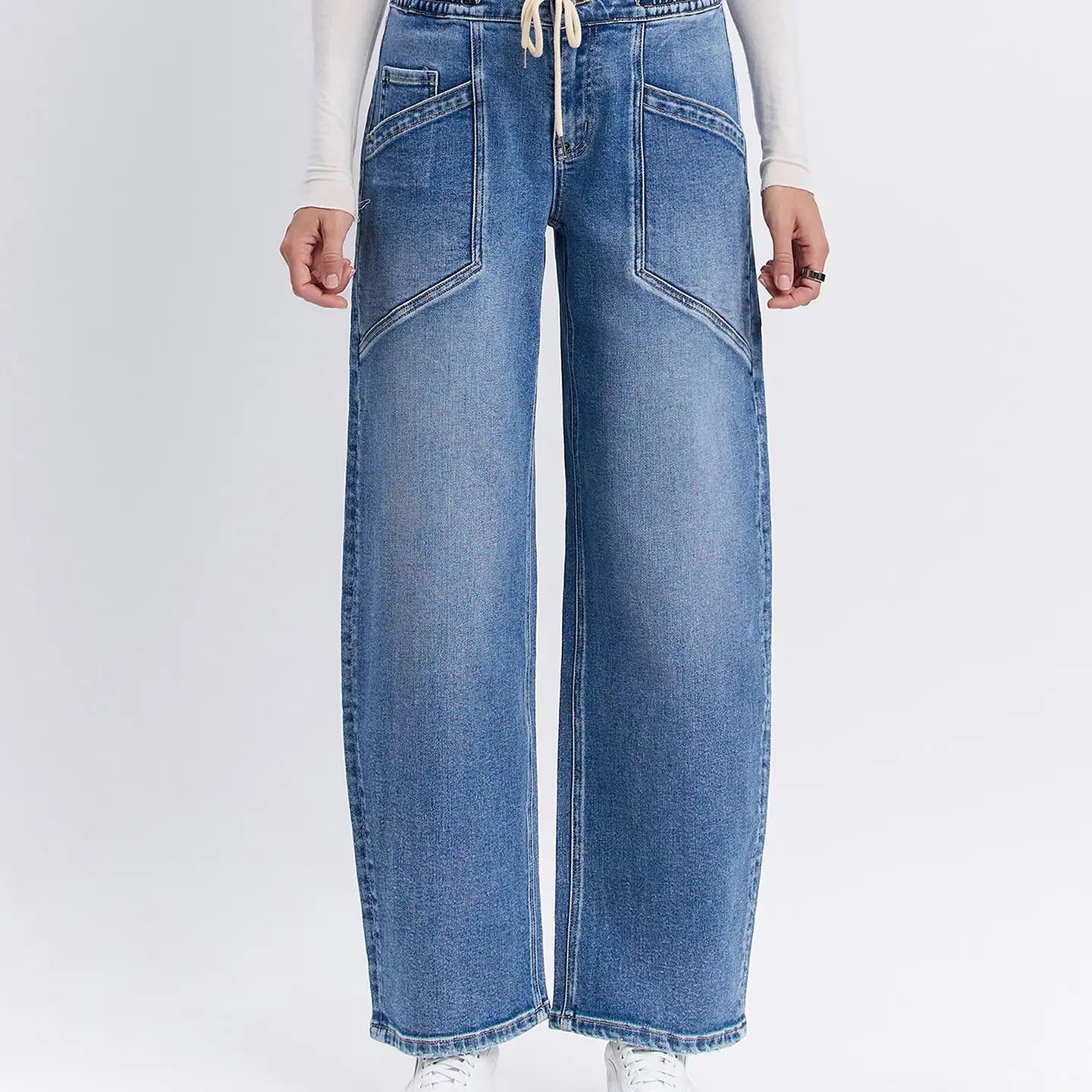 High Rise Elastic Waistband Wide Barrel Jeans