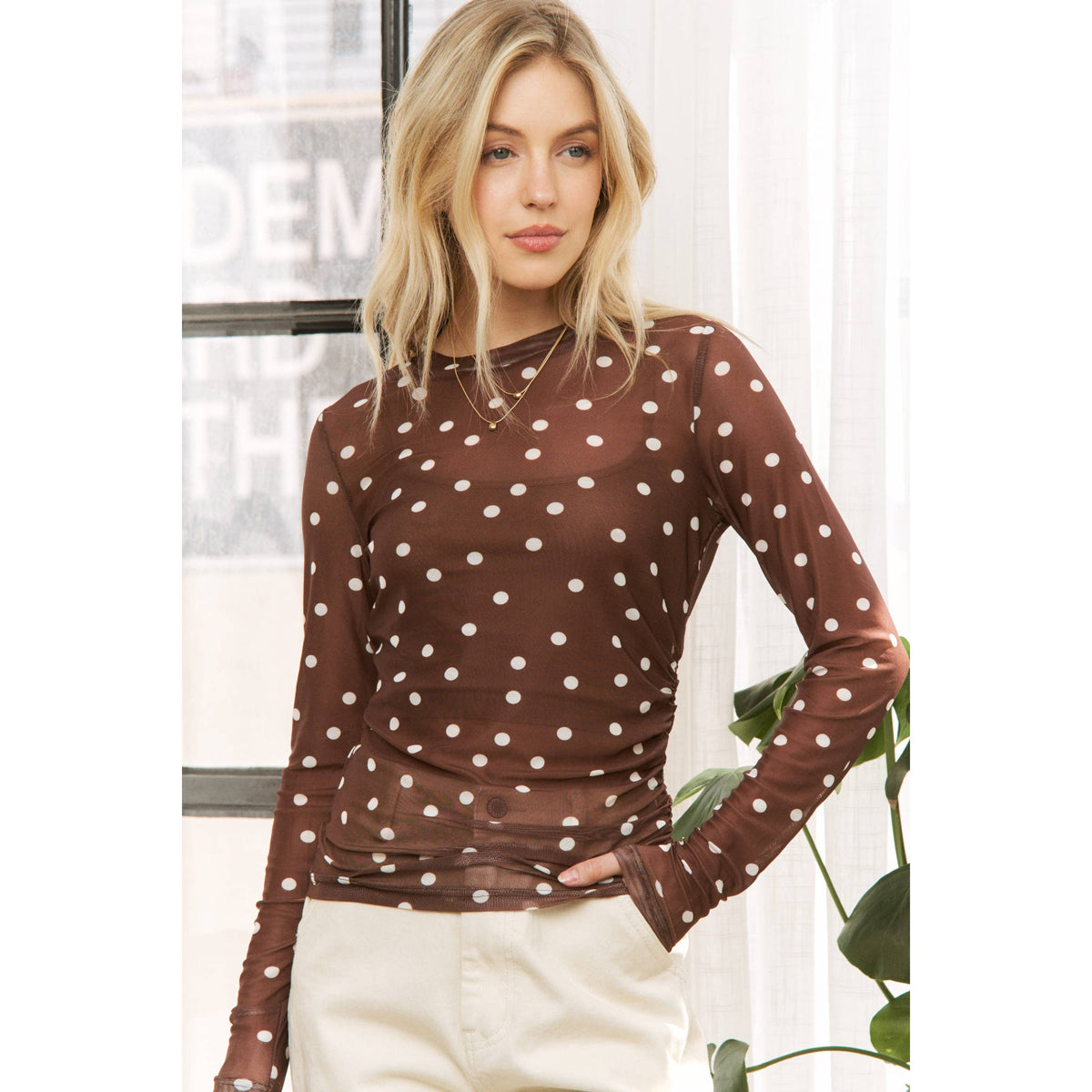 POLKA DOT MESH PRINT SLIM FIT LONG SLEEVES TOP