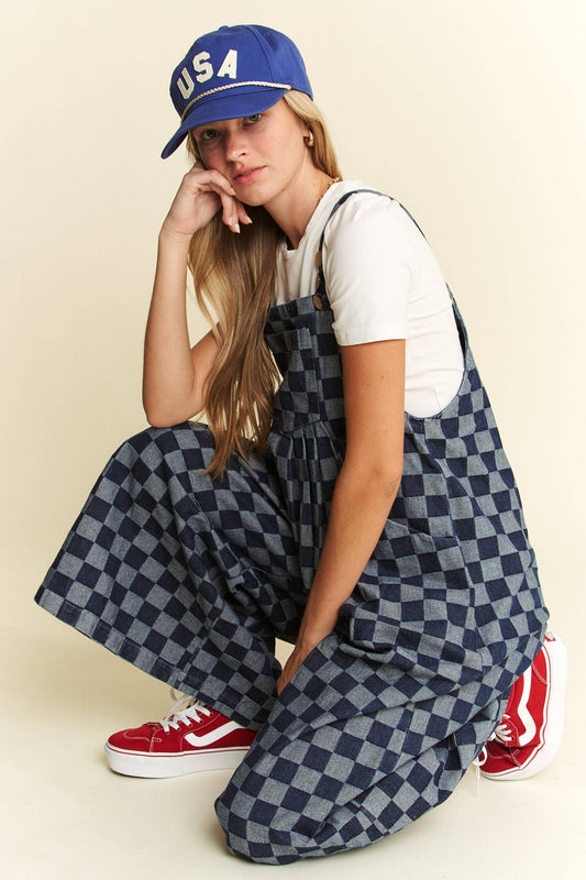 Plus Size Denim Checkered Jumpsuit