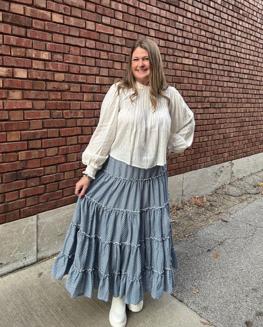 Polka Dots Printed Tiered Skirt - Denim