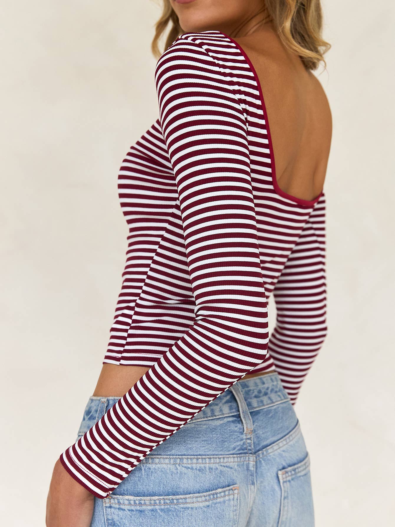 Backless Striped Long Sleeve Top