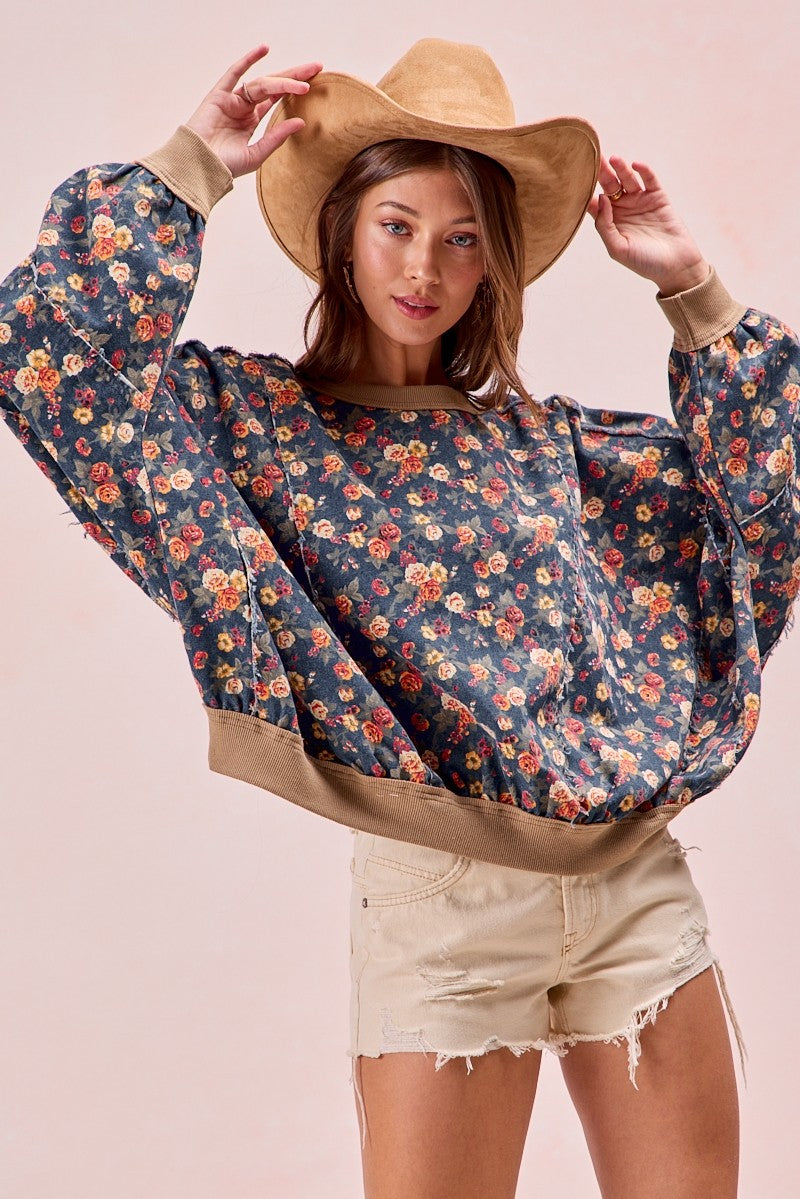 Washed Floral Frayed Round Neck Top