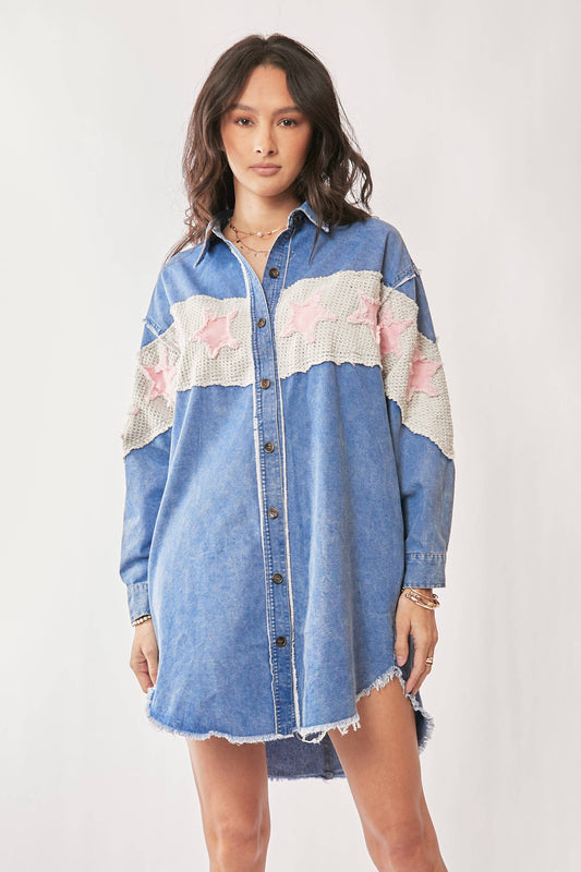 Acid Washed Denim Star Patch Shirt Dress