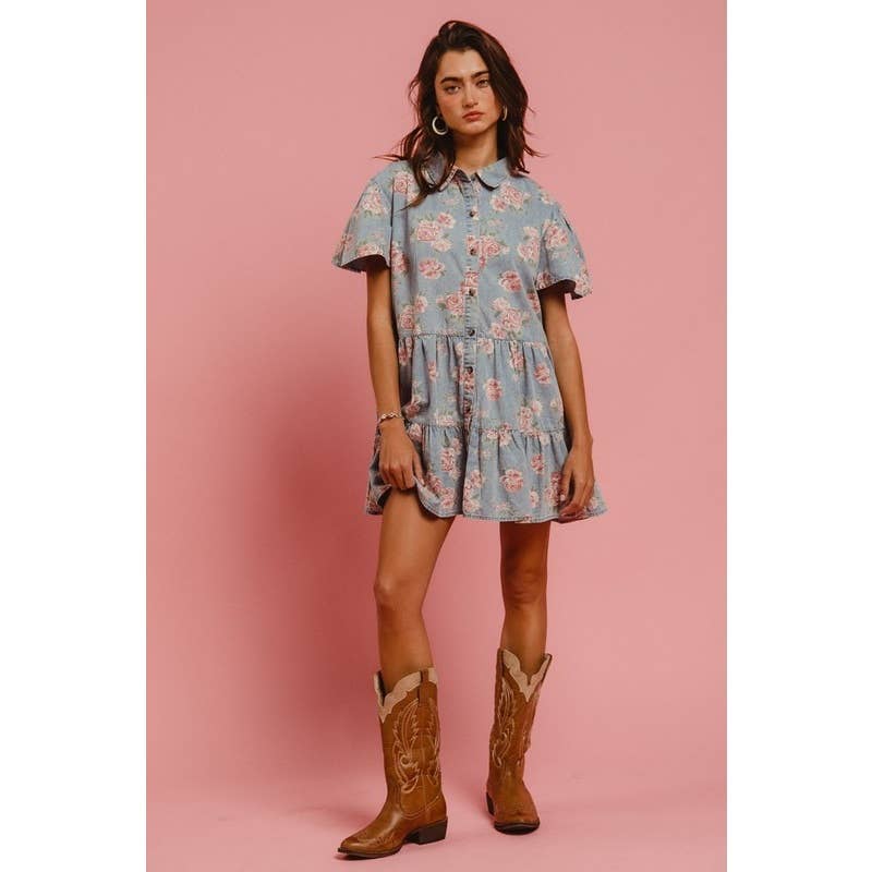 Floral Print Washed Lightweight Tiered Shirt Dress