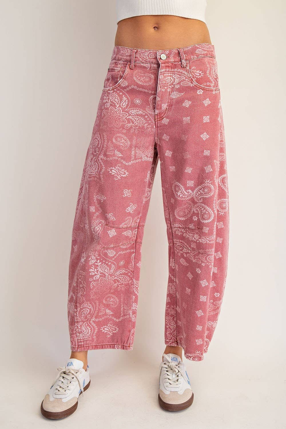Mineral Washed Paisley Printed Barrel Jeans - Dusty Rose Bandana