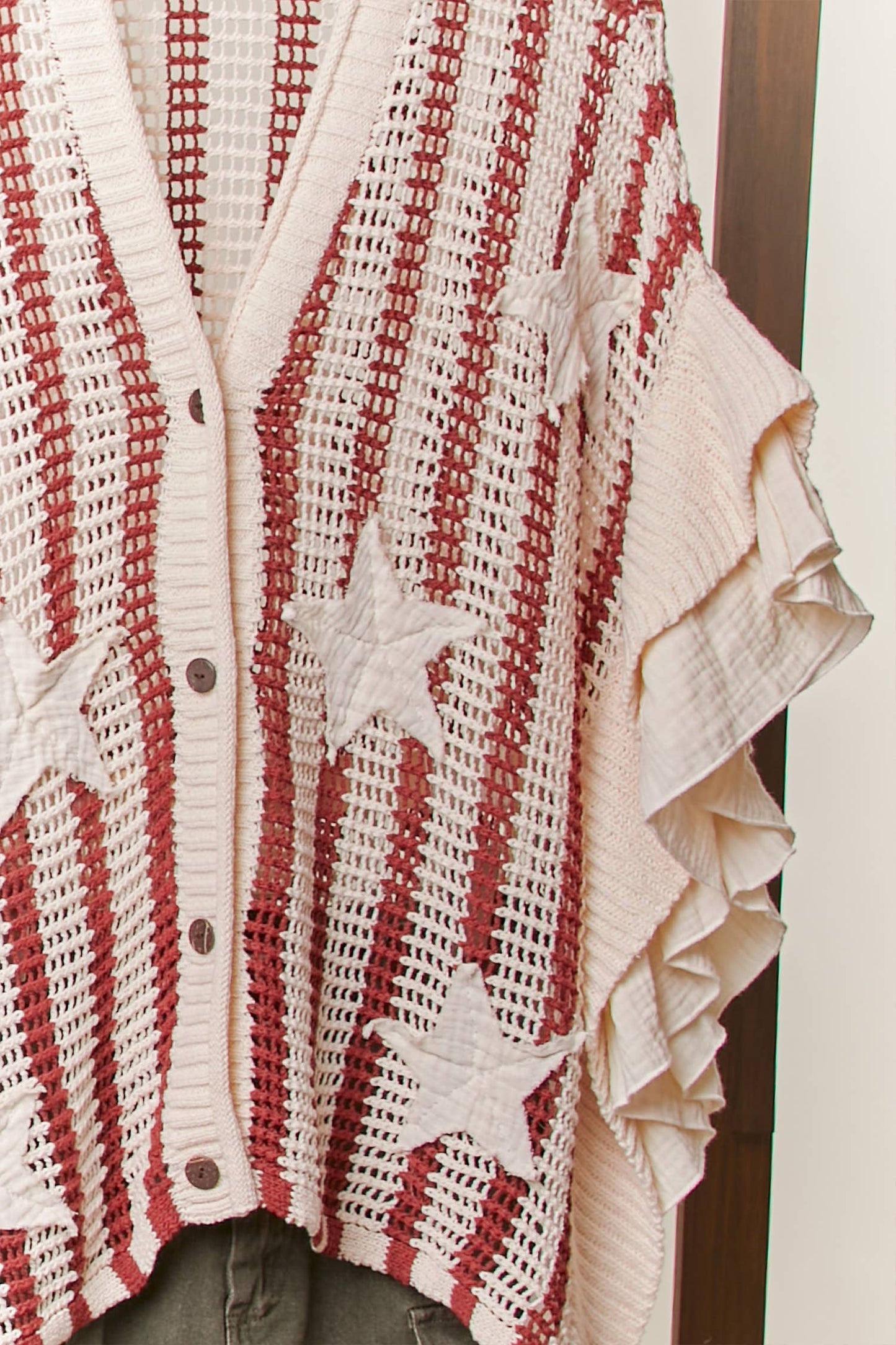 Star Patch Open-Knit Top with Ruffle Detail