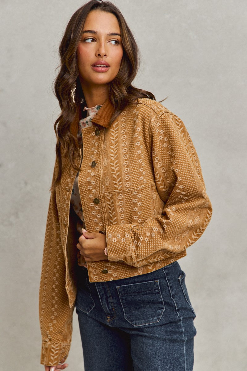 Floral Pattern Twill Corduroy Collar Denim Jacket