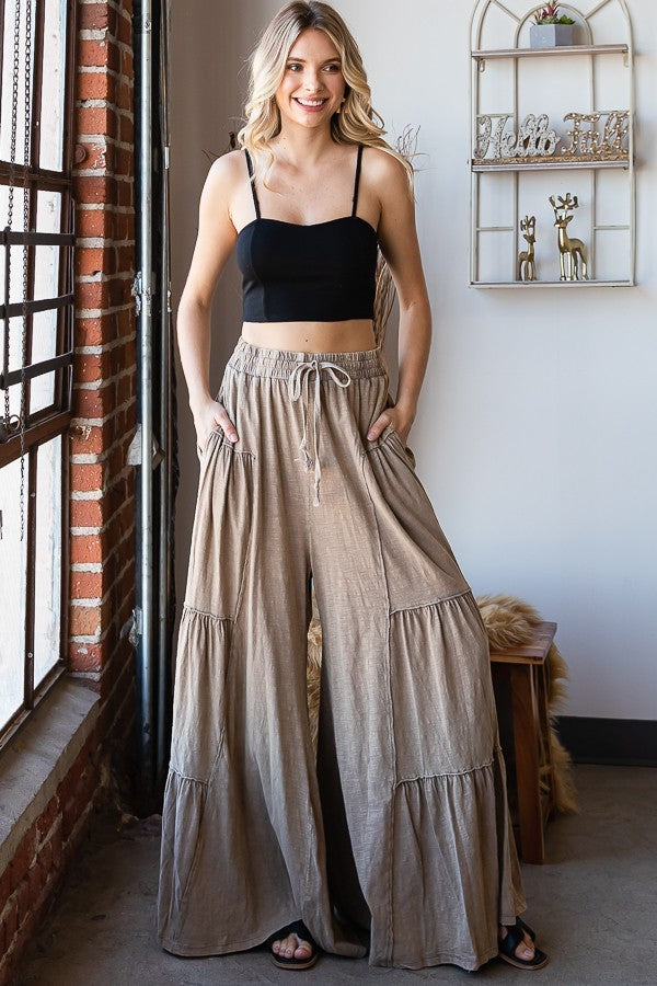 Mineral Washed Tiered Wide Leg Pants