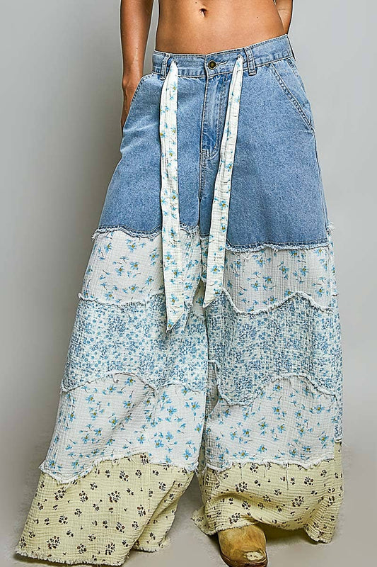 Varied Asymmetrical Patchwork Buckle Back Pants
