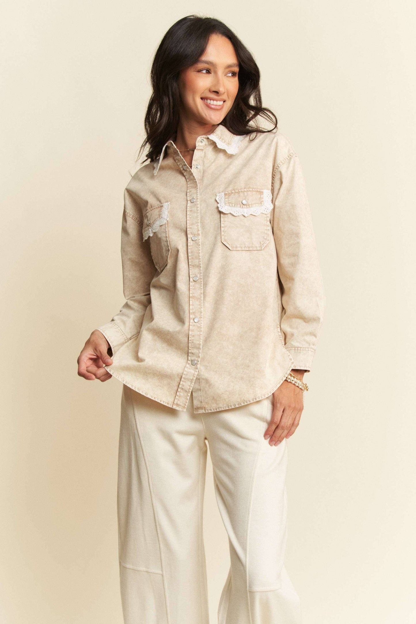 Lightweight Washed Lace Edge Waffle Knit Top - Beige